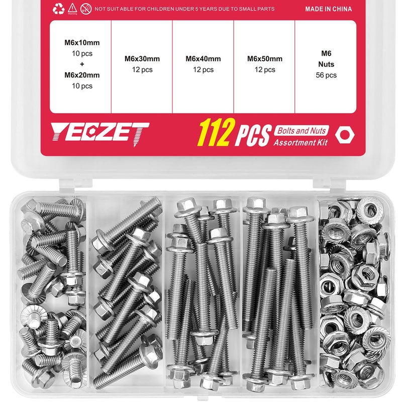 YEEZET 112PCS M6 Stainless Steel 304 Flanged Hex Head Bolts and Nuts kit 10mm 20mm 30mm 40mm 50mm - Image 1